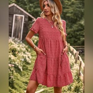 WOMENS | SHORT SLEEVE RUFFLE POLKA DOT CREW NECK MIDI SUMMER DRESS